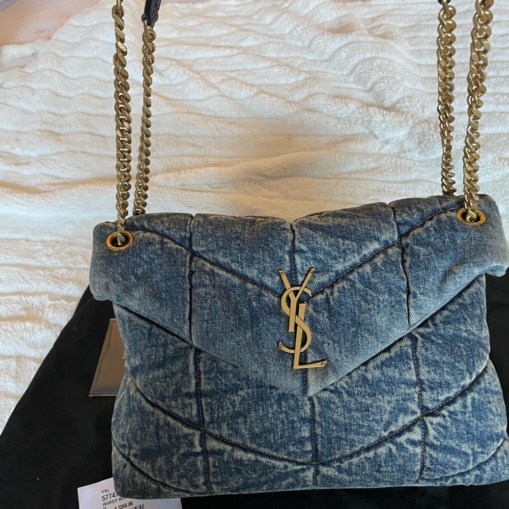 SOLD. YSL MEDIUM DENIM LOU LOU PUFFER BAG BRAND NEW TAGS DENIM BLUE GOLD HARDWAR - Picture 4 of 10